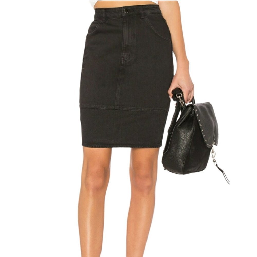 Obey black denim high waist pencil skirt with back zipper slit